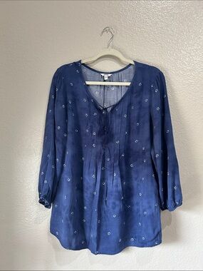 Sonoma Women’s Navy Blue Tie-Front Tunic Long Sleeve Sz L Boho Summer Casual
